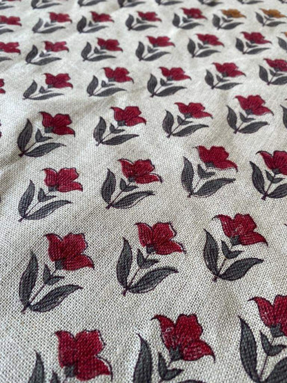 Small Flower Block Print Handloom Linen Fabric ,upholstery Fabric, pillow Cover Fabric, Thick fabric natural linen, Grey - Red - Maple Village Lane