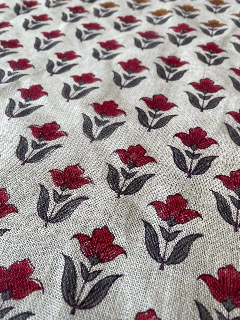 Small Flower Block Print Handloom Linen Fabric ,upholstery Fabric, pillow Cover Fabric, Thick fabric natural linen, Grey - Red - Maple Village Lane