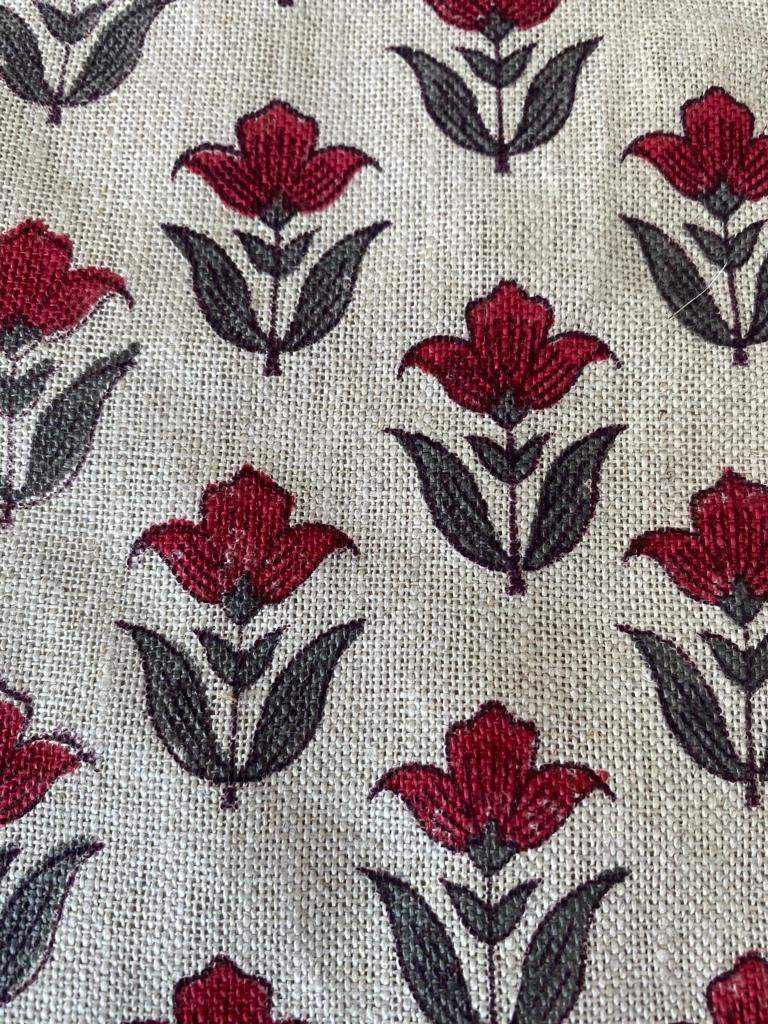 Small Flower Block Print Handloom Linen Fabric ,upholstery Fabric, pillow Cover Fabric, Thick fabric natural linen, Grey - Red - Maple Village Lane