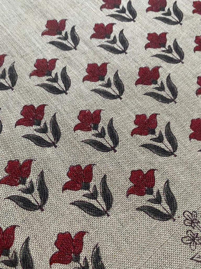 Small Flower Block Print Handloom Linen Fabric ,upholstery Fabric, pillow Cover Fabric, Thick fabric natural linen, Grey - Red - Maple Village Lane