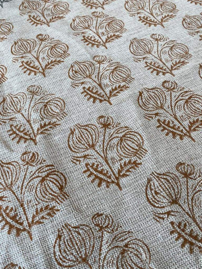 Big Flower Block Print Handloom Linen Fabric ,upholstery Fabric, pillow Cover Fabric, Thick fabric natural linen, Dark Mustered - Maple Village Lane