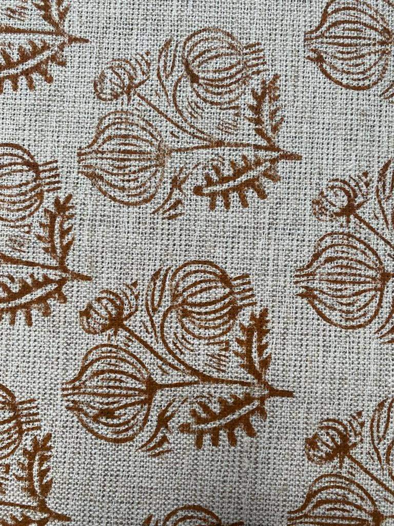 Big Flower Block Print Handloom Linen Fabric ,upholstery Fabric, pillow Cover Fabric, Thick fabric natural linen, Dark Mustered - Maple Village Lane