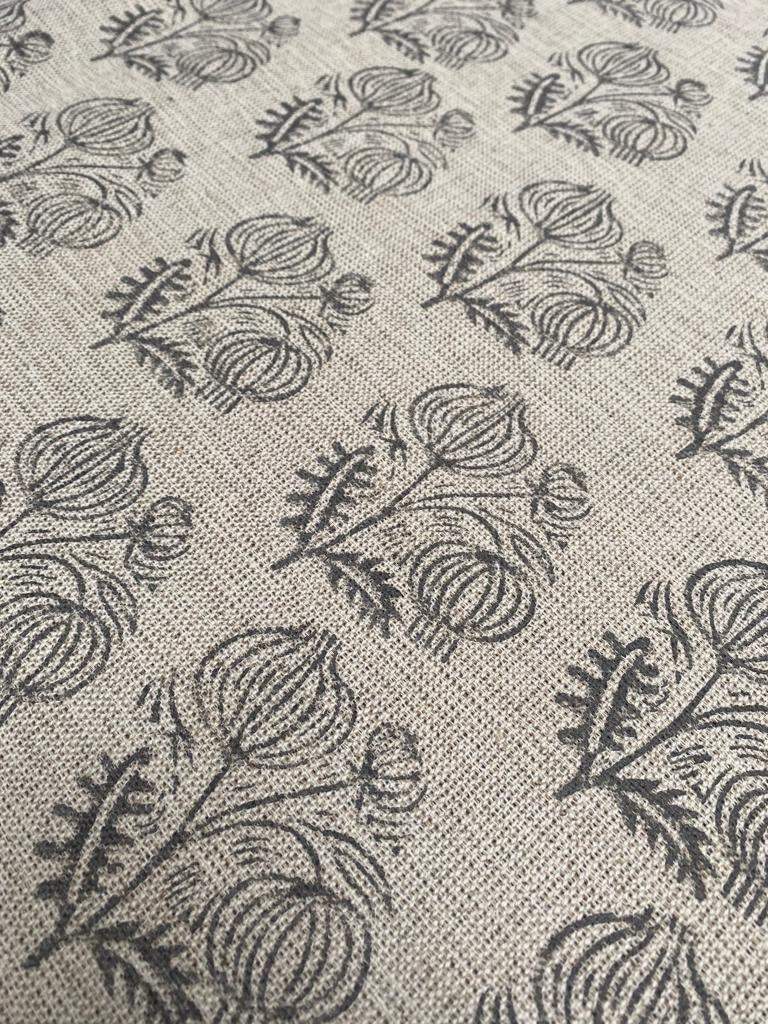 Big Flower Block Print Handloom Linen Fabric ,upholstery Fabric, pillow Cover Fabric, Thick fabric natural linen, Dark Grey - Maple Village Lane