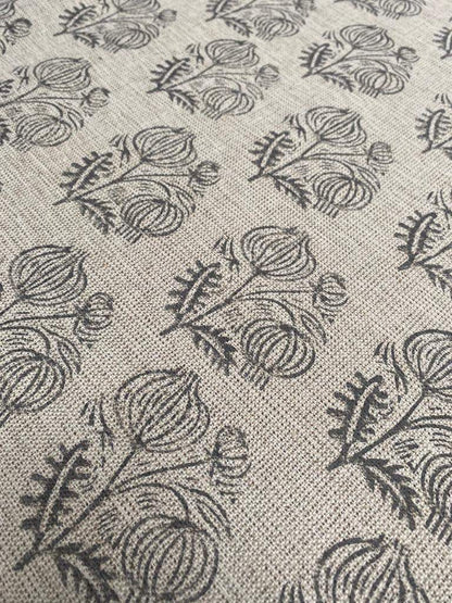 Big Flower Block Print Handloom Linen Fabric ,upholstery Fabric, pillow Cover Fabric, Thick fabric natural linen, Dark Grey - Maple Village Lane