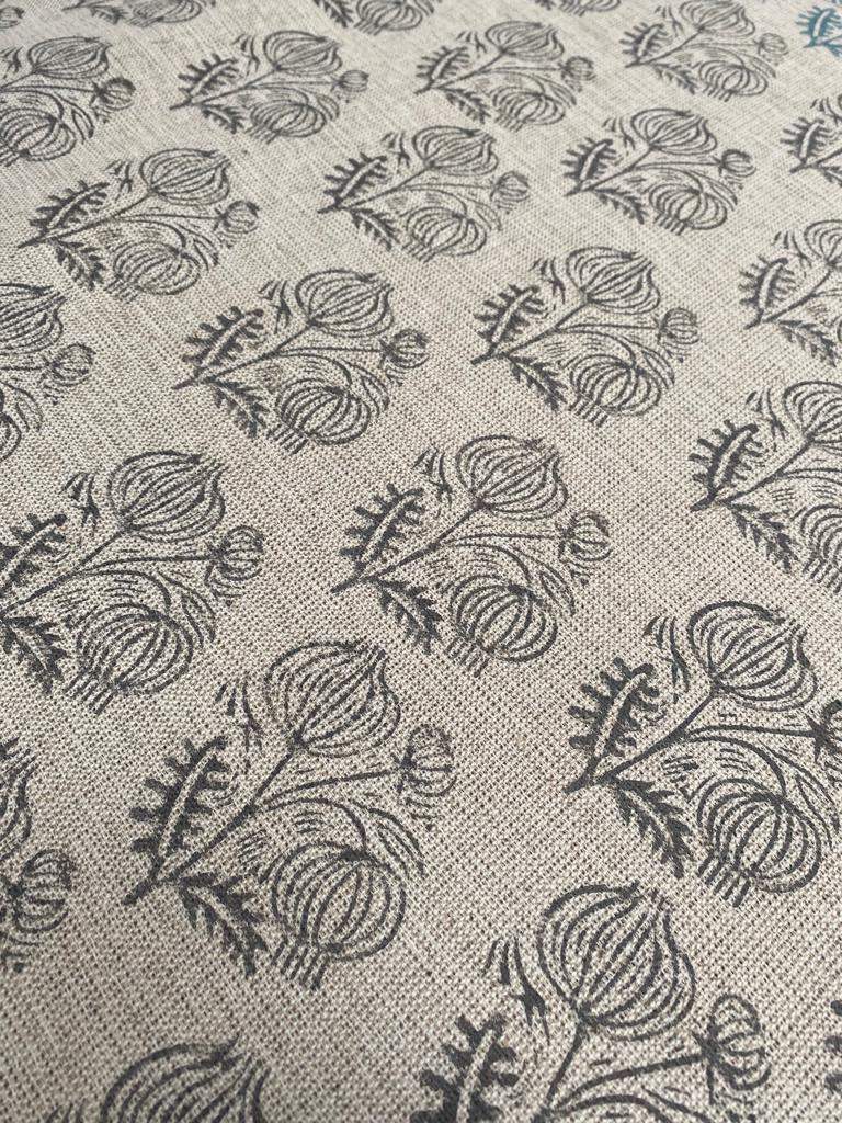 Big Flower Block Print Handloom Linen Fabric ,upholstery Fabric, pillow Cover Fabric, Thick fabric natural linen, Dark Grey - Maple Village Lane