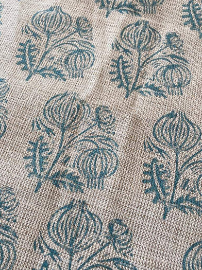 Big Flower Block Print Handloom Linen Fabric ,upholstery Fabric, pillow Cover Fabric, Thick fabric natural linen, Turquoise - Maple Village Lane