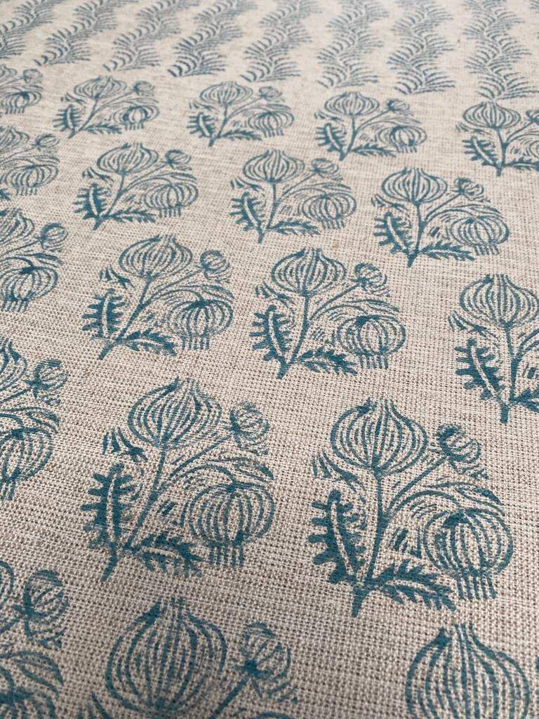 Big Flower Block Print Handloom Linen Fabric ,upholstery Fabric, pillow Cover Fabric, Thick fabric natural linen, Turquoise - Maple Village Lane