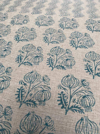 Big Flower Block Print Handloom Linen Fabric ,upholstery Fabric, pillow Cover Fabric, Thick fabric natural linen, Turquoise - Maple Village Lane