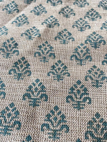 Block Print Handloom Linen Fabric Heavy Linen Fabric, Upholstery fabric ,pillow cover ,home décor Turquoise Colour - Maple Village Lane