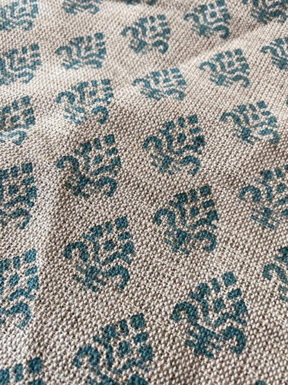 Block Print Handloom Linen Fabric Heavy Linen Fabric, Upholstery fabric ,pillow cover ,home décor Turquoise Colour - Maple Village Lane