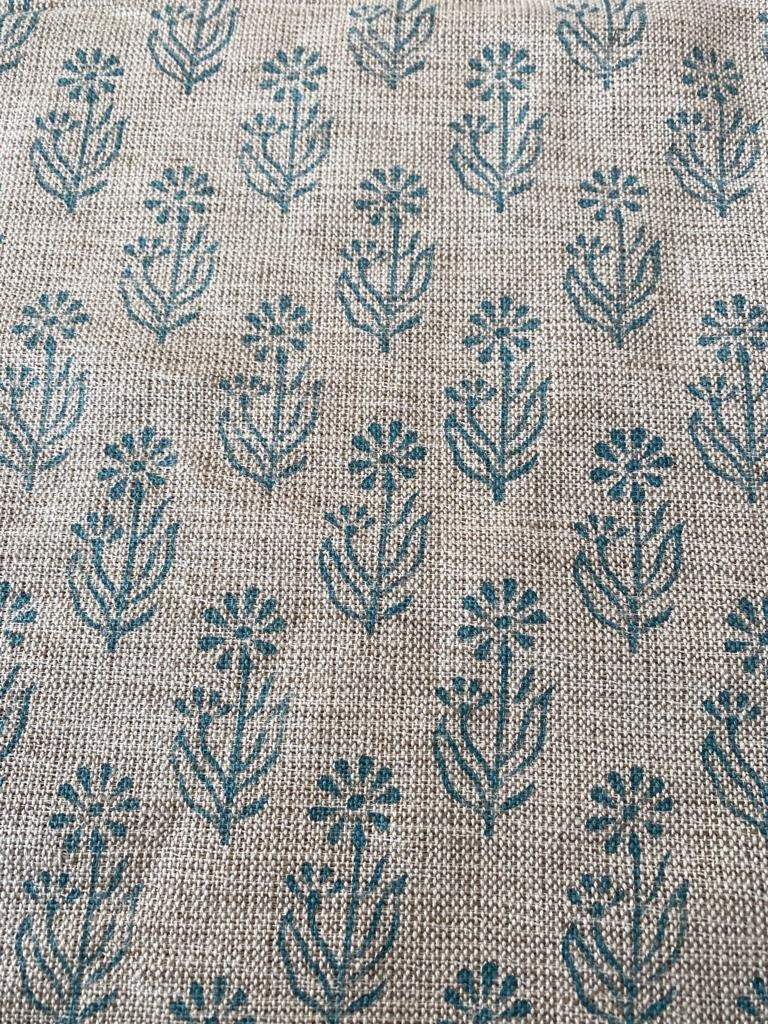 Block Print Handloom Linen Fabric Heavy Linen Fabric, Upholstery fabric ,pillow cover ,home décor Turquoise Colour - Maple Village Lane