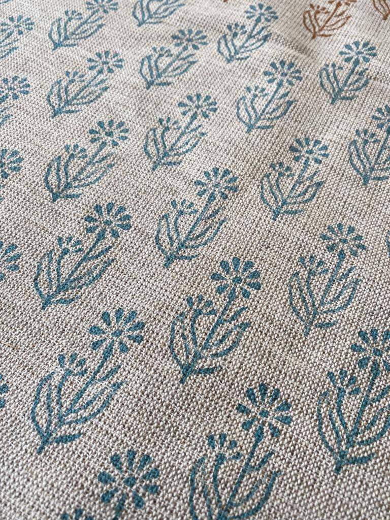 Block Print Handloom Linen Fabric Heavy Linen Fabric, Upholstery fabric ,pillow cover ,home décor Turquoise Colour - Maple Village Lane