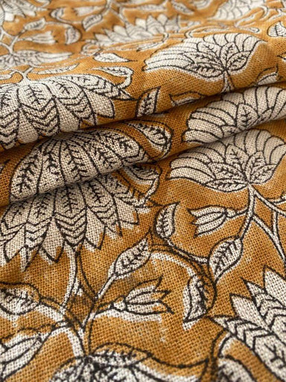 Tulip Flower , Block Print Thick Linen Fabric | Mustard Floral Print Upholstery Fabric, pillow cover fabric, Curtain Linen By The Yard - Maple Village Lane