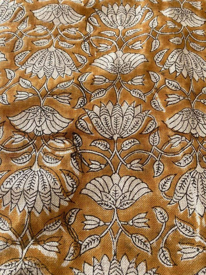 Tulip Flower , Block Print Thick Linen Fabric | Mustard Floral Print Upholstery Fabric, pillow cover fabric, Curtain Linen By The Yard - Maple Village Lane