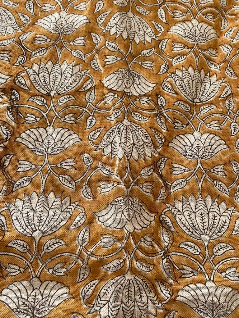 Tulip Flower , Block Print Thick Linen Fabric | Mustard Floral Print Upholstery Fabric, pillow cover fabric, Curtain Linen By The Yard - Maple Village Lane