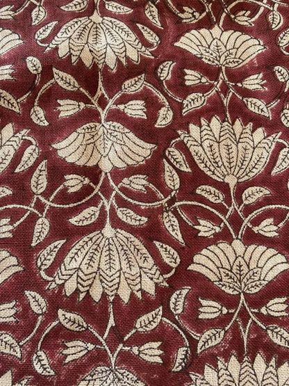 Tulip Flower , Block Print Thick Linen Fabric | Dark Red Floral Print Upholstery Fabric, pillow cover fabric, Curtain Linen By The Yard - Maple Village Lane