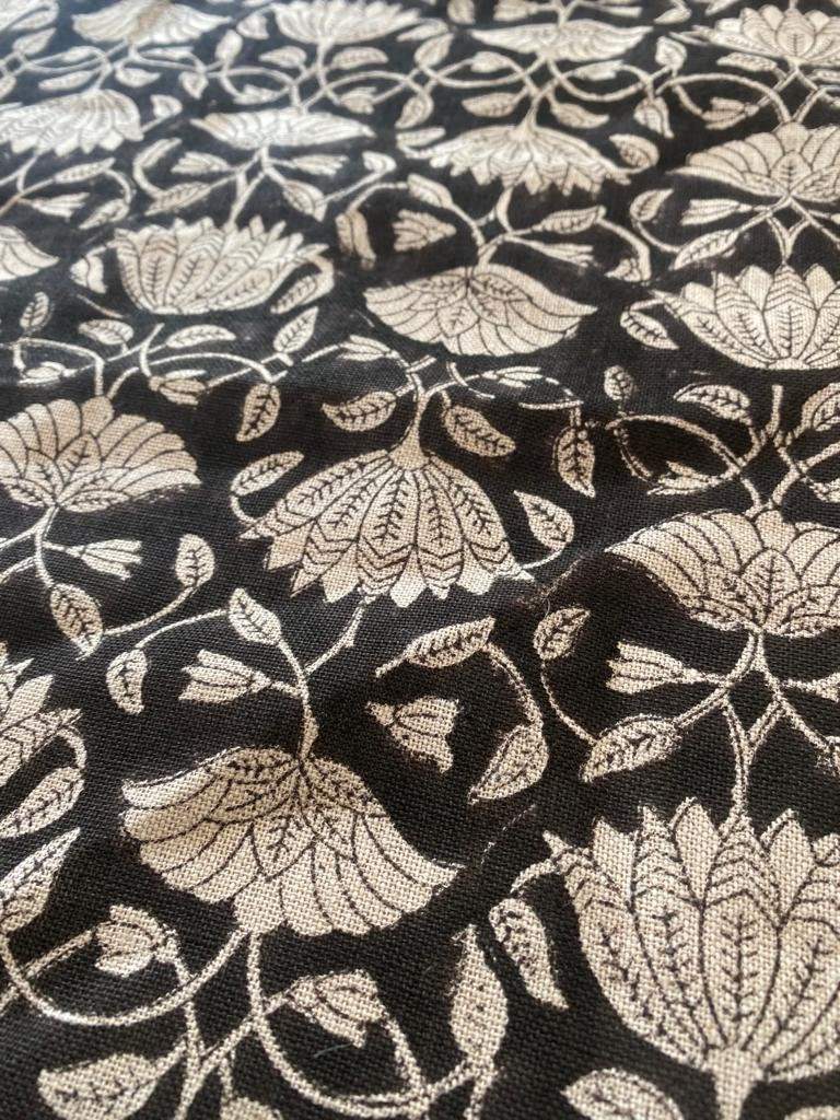 Tulip Flower , Block Print Thick Linen Fabric | Black Floral Print Upholstery Fabric, pillow cover fabric, Curtain Linen By The Yard - Maple Village Lane