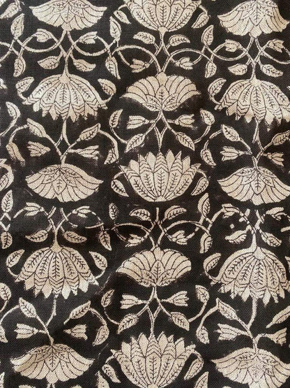 Tulip Flower , Block Print Thick Linen Fabric | Black Floral Print Upholstery Fabric, pillow cover fabric, Curtain Linen By The Yard - Maple Village Lane