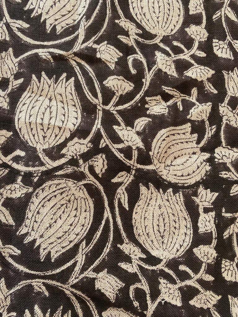 Lotus Flower , Block Print Thick Linen Fabric | Black Floral Print Upholstery Fabric, pillow cover fabric, Curtain Linen By The Yard - Maple Village Lane