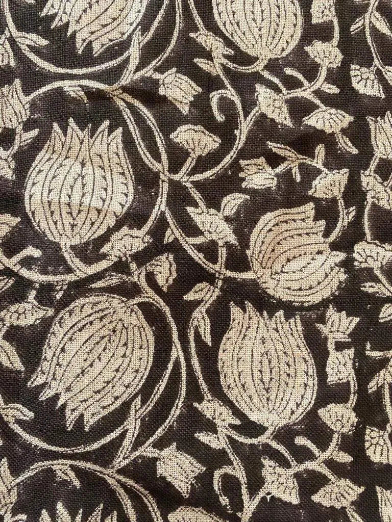 Lotus Floral Block Print Thick Linen Fabric For Upholstery, Curtains and more - Maple Village Lane