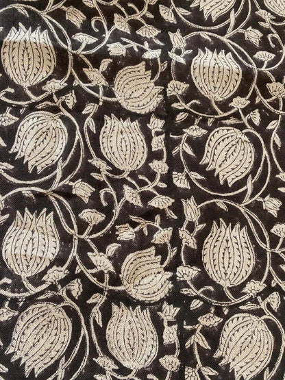 Lotus Flower , Block Print Thick Linen Fabric | Black Floral Print Upholstery Fabric, pillow cover fabric, Curtain Linen By The Yard - Maple Village Lane