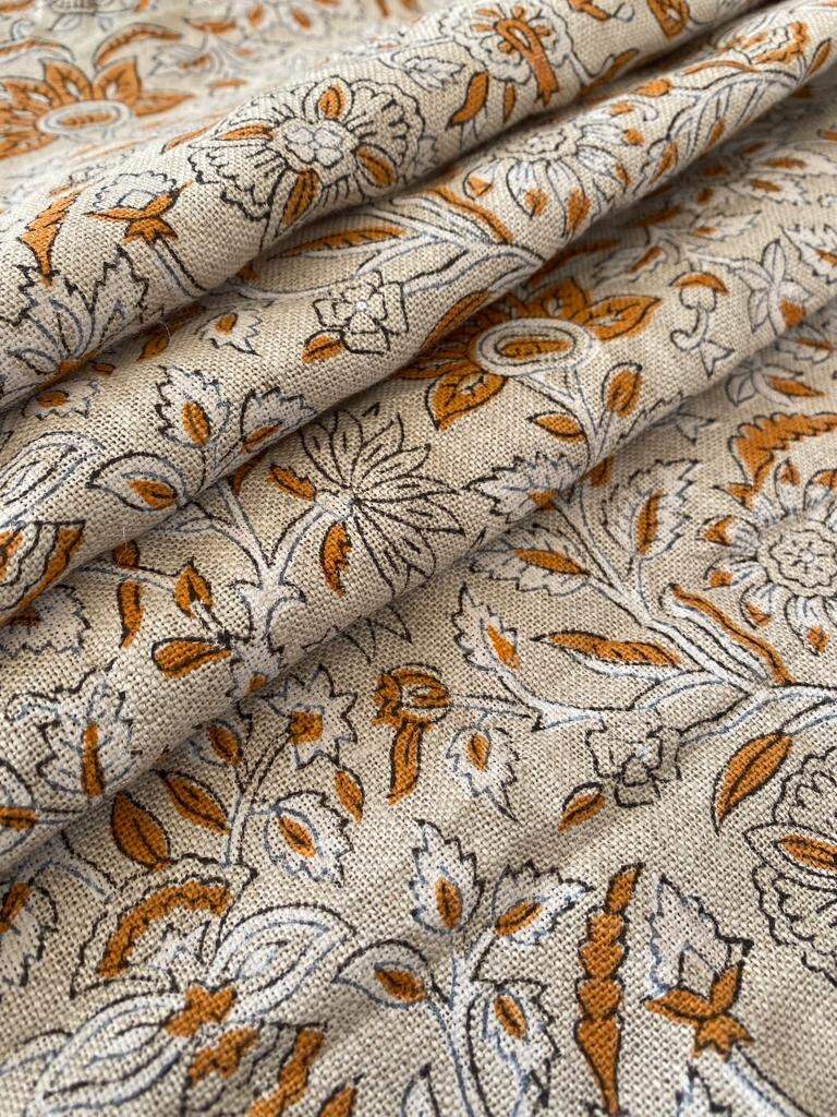 Thick Linen Pillow Cover Orange and white Decorative Cushion, Floral pillow Cover, Block Print Handloom Linen Heavy Linen Fabric By The Yard - Maple Village Lane