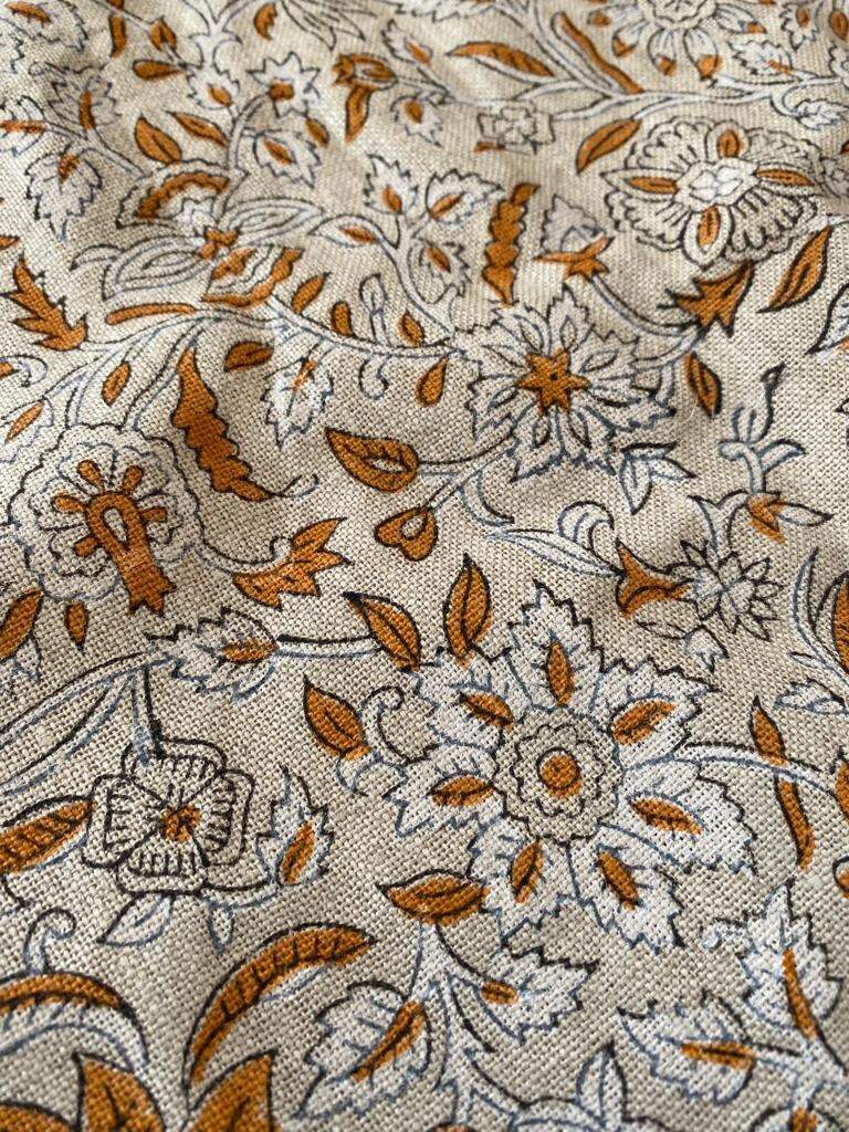 Thick Linen Pillow Cover Orange and white Decorative Cushion, Floral pillow Cover, Block Print Handloom Linen Heavy Linen Fabric By The Yard - Maple Village Lane