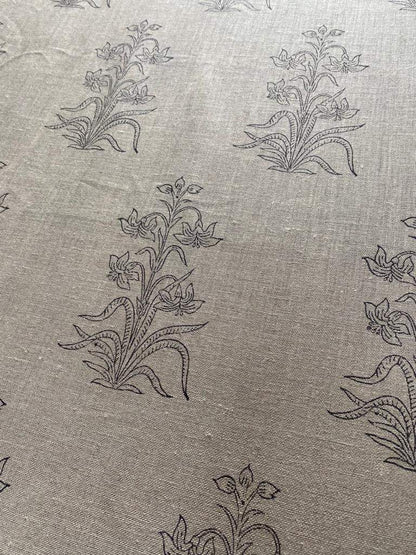 Handloom Linen Fabric - Flower Outline block print fabric - best for Upholstery , cushion cover , sofa/chair cover , and other crafts - Maple Village Lane