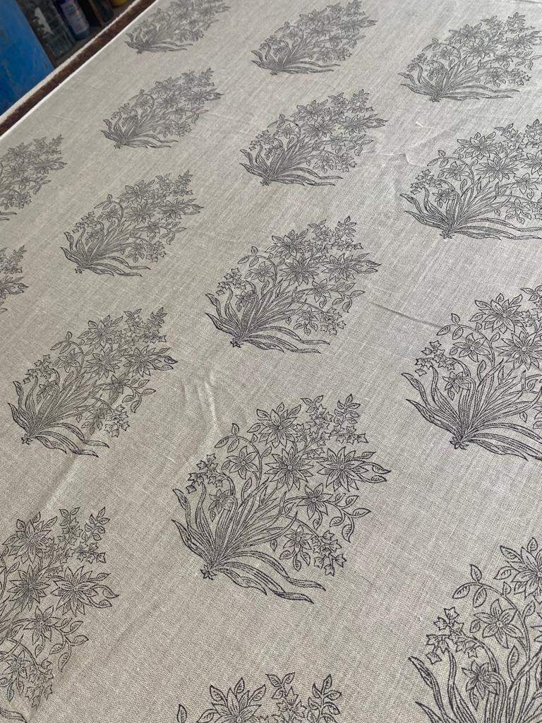 Handloom Linen Fabric - Flower Outline block print fabric - best for Upholstery , cushion cover , sofa/chair cover , and other crafts - Maple Village Lane