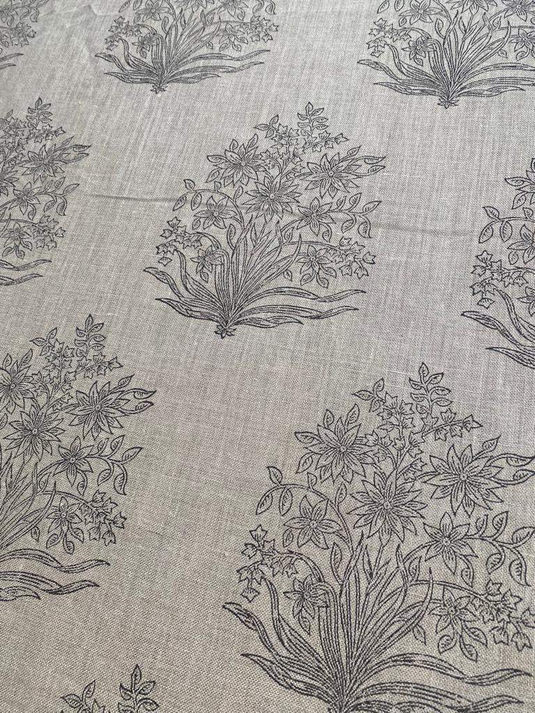 Handloom Linen Fabric - Flower Outline block print fabric - best for Upholstery , cushion cover , sofa/chair cover , and other crafts - Maple Village Lane