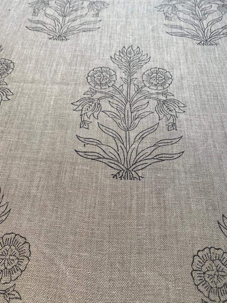 Handloom Linen Fabric - Flower Outline block print fabric - best for Upholstery , cushion cover , sofa/chair cover , and other crafts - Maple Village Lane