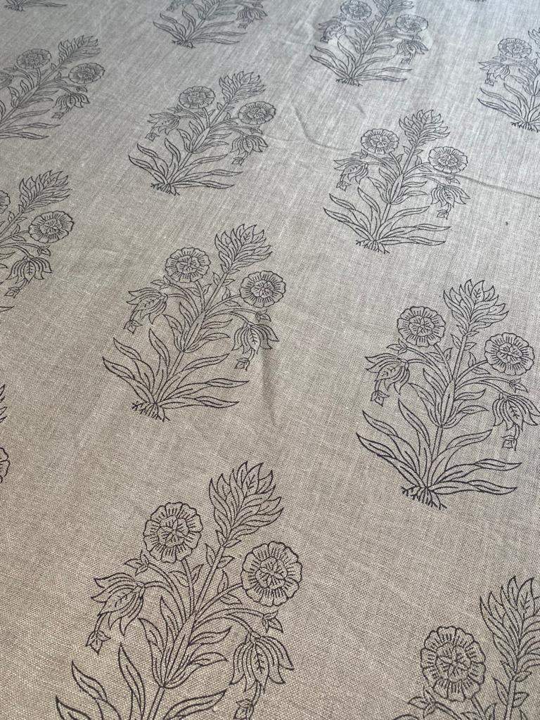 Handloom Linen Fabric - Flower Outline block print fabric - best for Upholstery , cushion cover , sofa/chair cover , and other crafts - Maple Village Lane