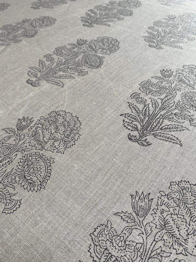 Handloom Linen Fabric - Flower Outline block print fabric - best for Upholstery , cushion cover , sofa/chair cover , and other crafts - Maple Village Lane