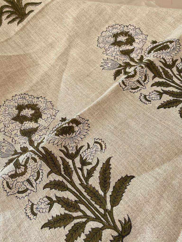 Handloom Linen Fabric -White Flower block print fabric - best for Upholstery , cushion cover , sofa/chair cover , and other crafts - Maple Village Lane