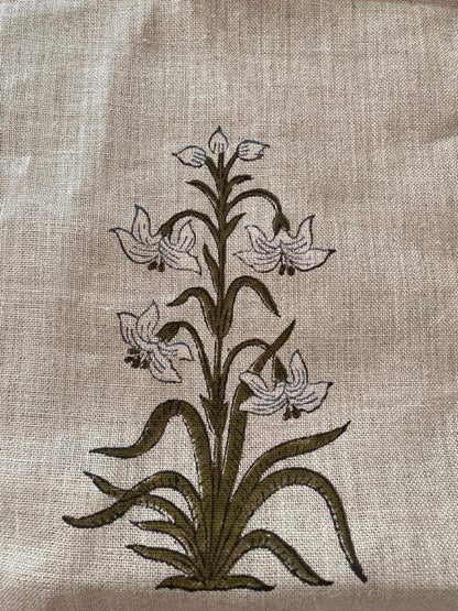 Handloom Linen Fabric -White Flower block print fabric - best for Upholstery , cushion cover , sofa/chair cover , and other crafts - Maple Village Lane