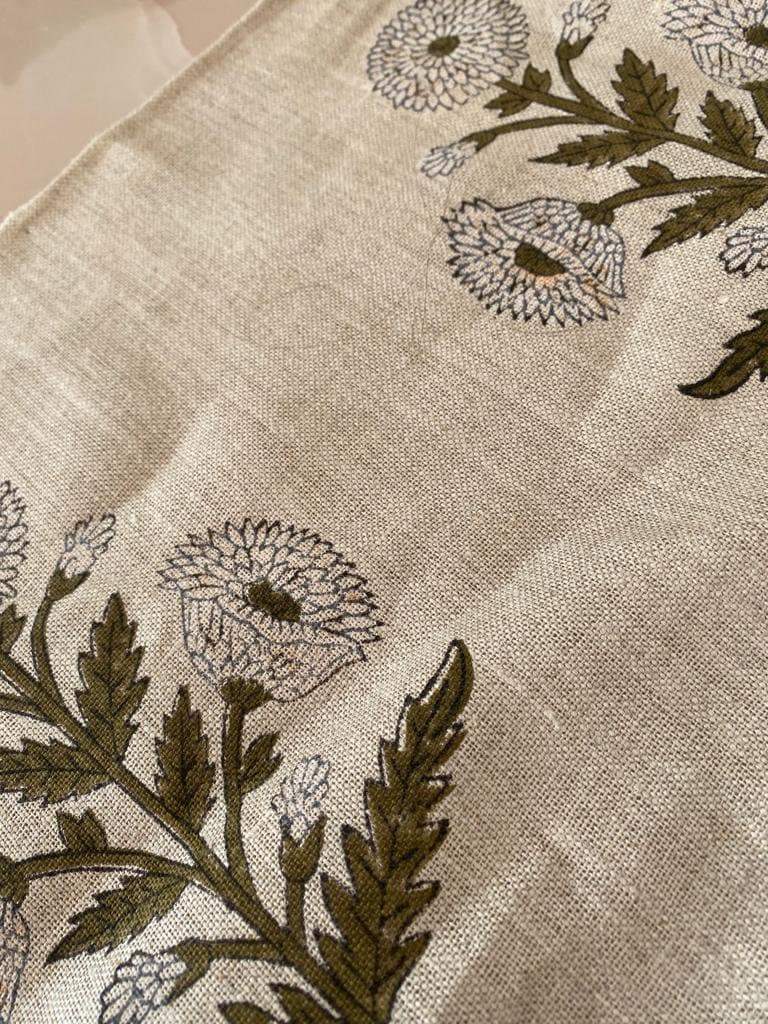 Handloom Linen Fabric -White Flower block print fabric - best for Upholstery , cushion cover , sofa/chair cover , and other crafts - Maple Village Lane