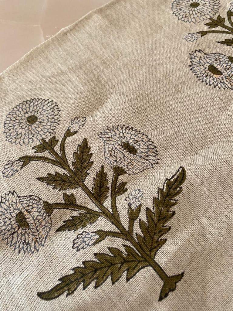 Handloom Linen Fabric -White Flower block print fabric - best for Upholstery , cushion cover , sofa/chair cover , and other crafts - Maple Village Lane