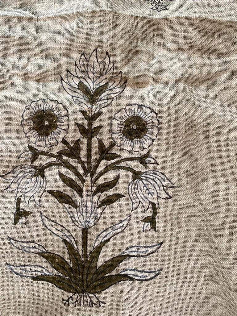 Handloom Linen Fabric -White Flower block print fabric - best for Upholstery , cushion cover , sofa/chair cover , and other crafts - Maple Village Lane