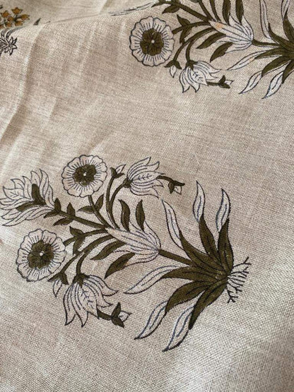 Handloom Linen Fabric -White Flower block print fabric - best for Upholstery , cushion cover , sofa/chair cover , and other crafts - Maple Village Lane