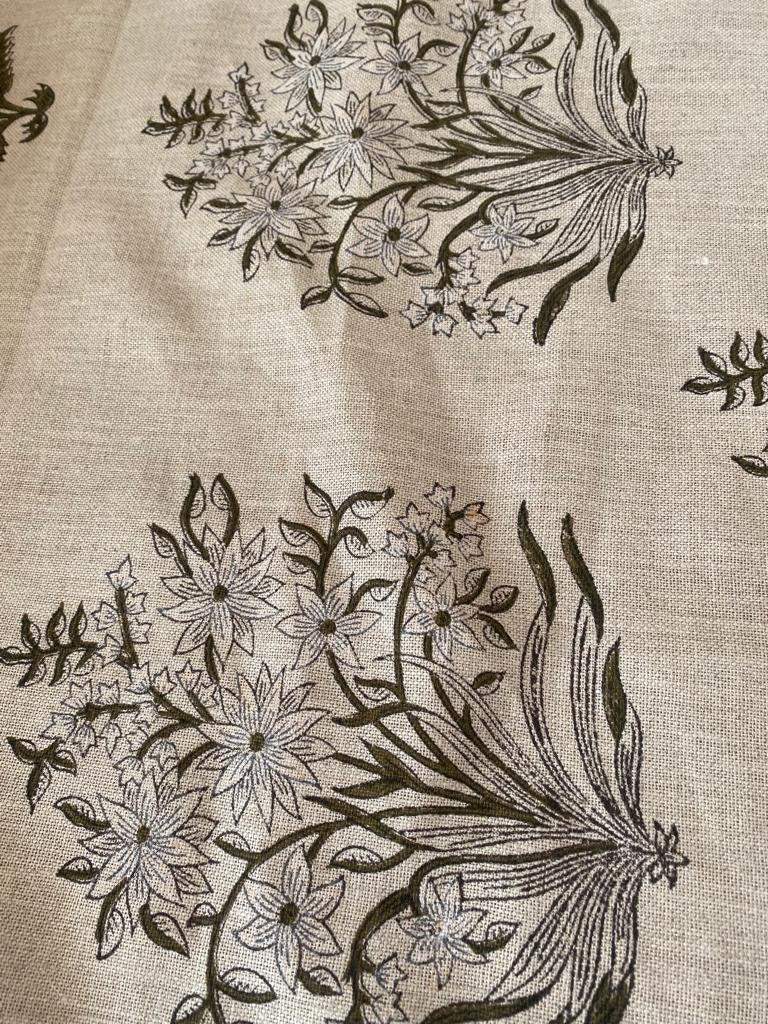 Handloom Linen Fabric -White Flower block print fabric - best for Upholstery , cushion cover , sofa/chair cover , and other crafts - Maple Village Lane