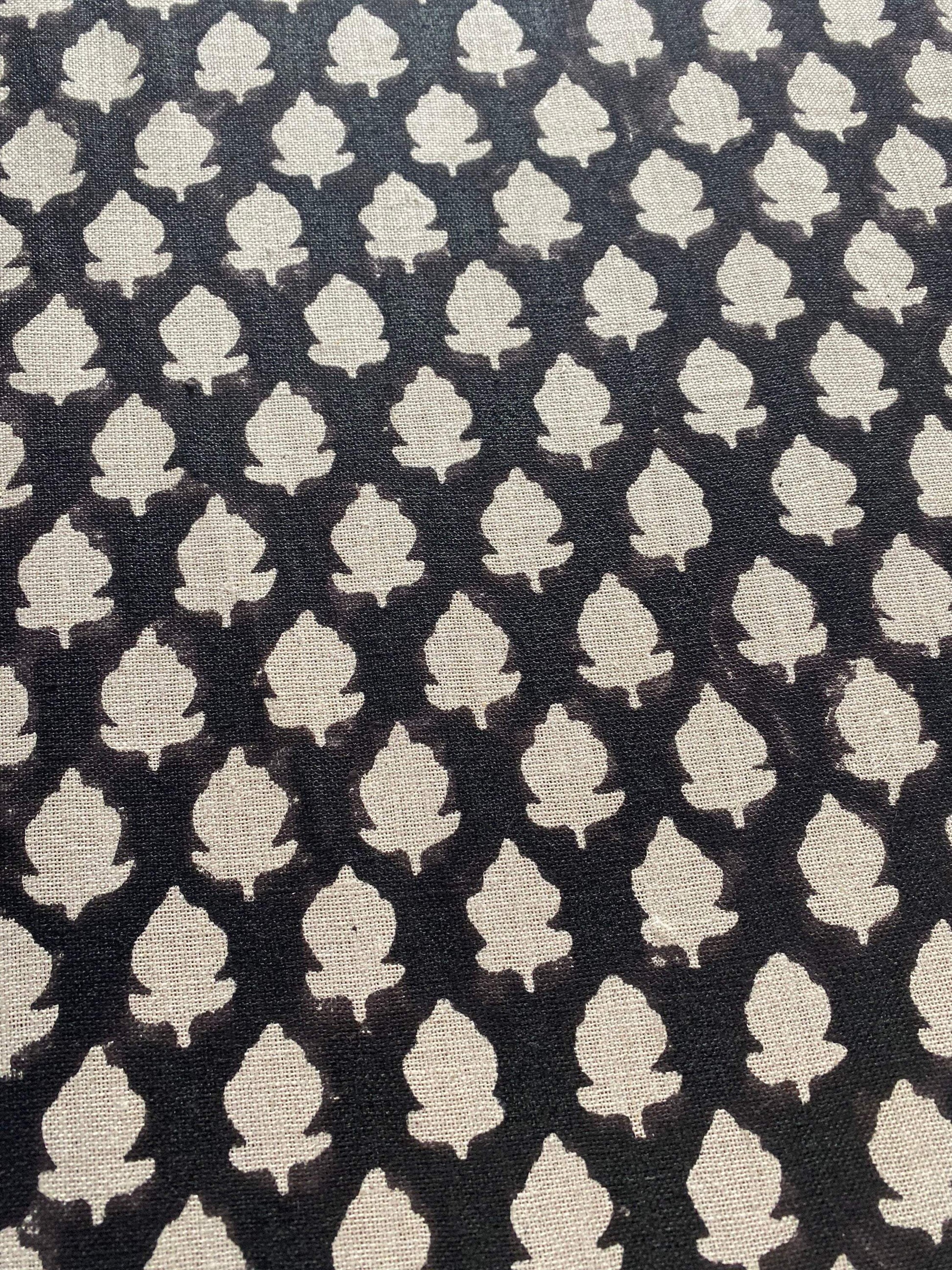 Handloom Linen Fabric - Black-flower block print fabric - best for Upholstery , cushion cover , sofa/chair cover , and other crafts - Maple Village Lane