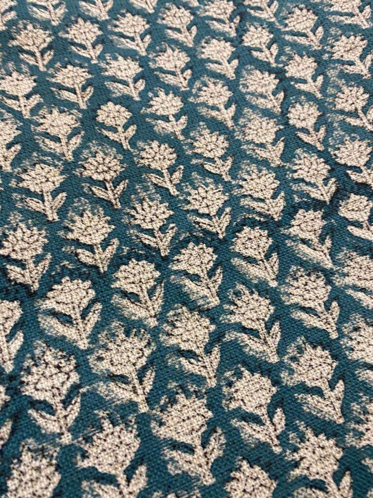 Teal Blue Block Print Handloom Linen Fabric Heavy Linen Fabric Upholstery fabric , pillow Cover , Home decor - Maple Village Lane