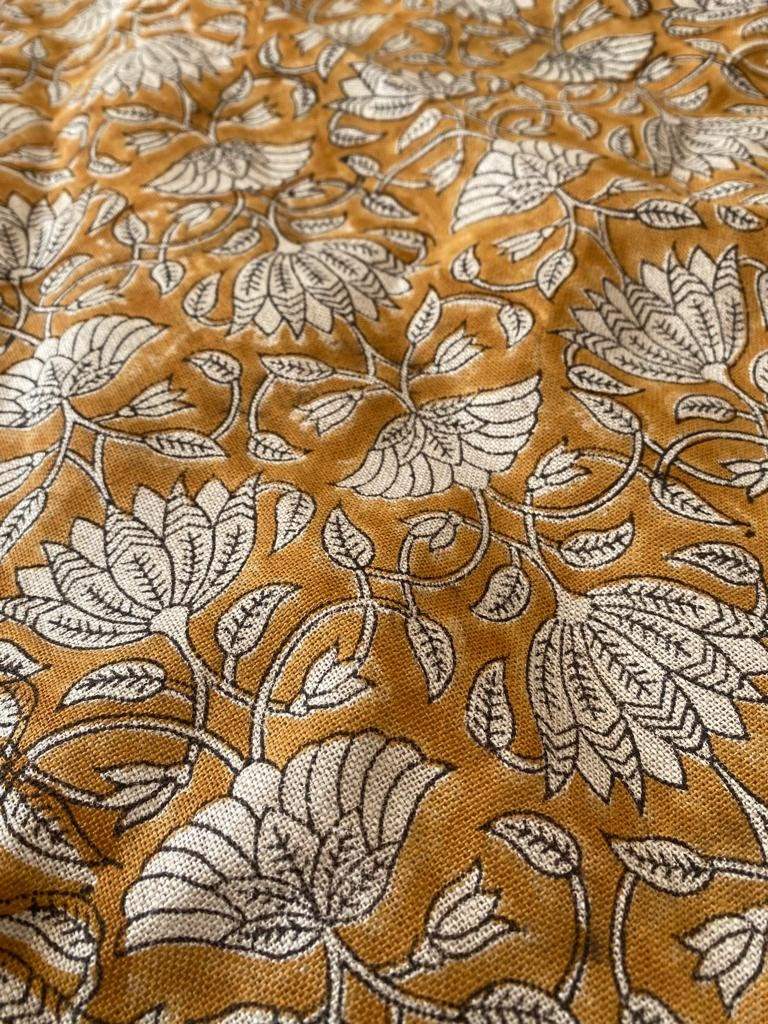 Tulip Flower , Block Print Thick Linen Fabric | Mustard Floral Print Upholstery Fabric, pillow cover fabric, Curtain Linen By The Yard - Maple Village Lane