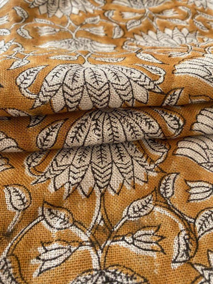 Tulip Flower , Block Print Thick Linen Fabric | Mustard Floral Print Upholstery Fabric, pillow cover fabric, Curtain Linen By The Yard - Maple Village Lane