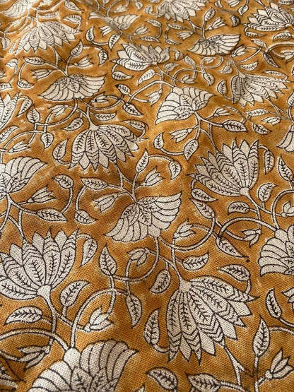 Tulip Flower , Block Print Thick Linen Fabric | Mustard Floral Print Upholstery Fabric, pillow cover fabric, Curtain Linen By The Yard - Maple Village Lane