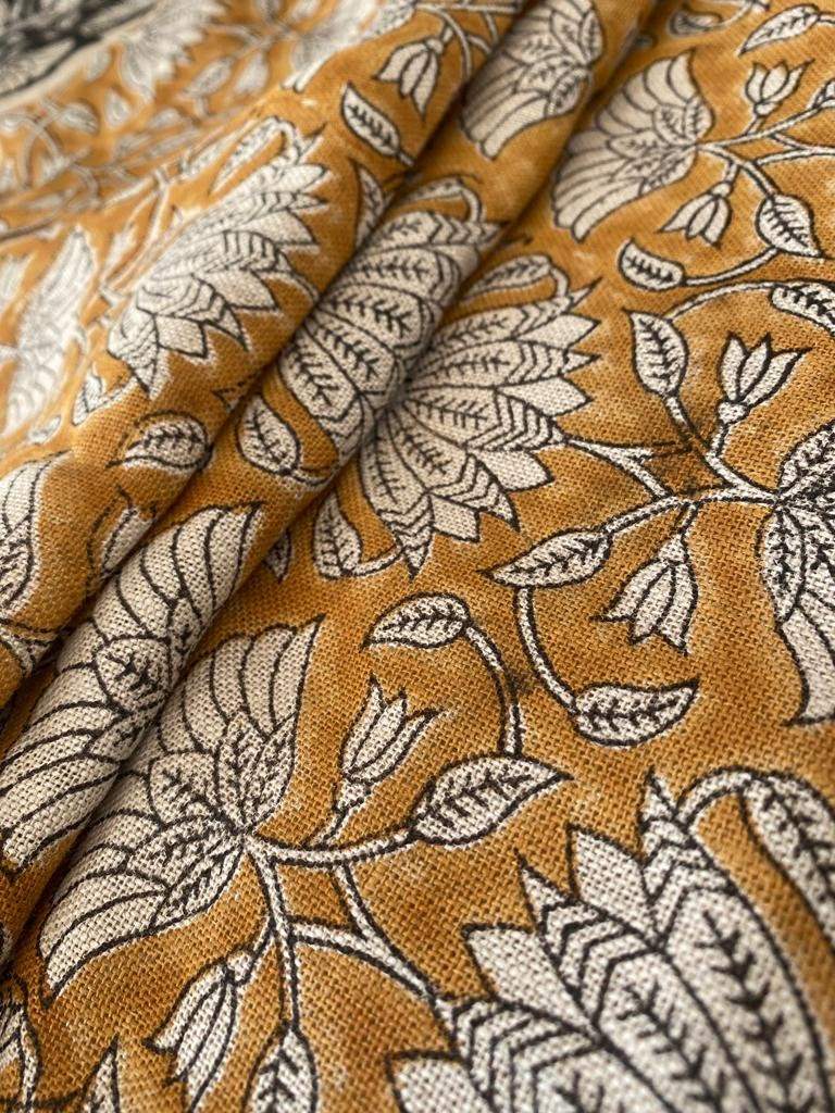 Tulip Flower , Block Print Thick Linen Fabric | Mustard Floral Print Upholstery Fabric, pillow cover fabric, Curtain Linen By The Yard - Maple Village Lane