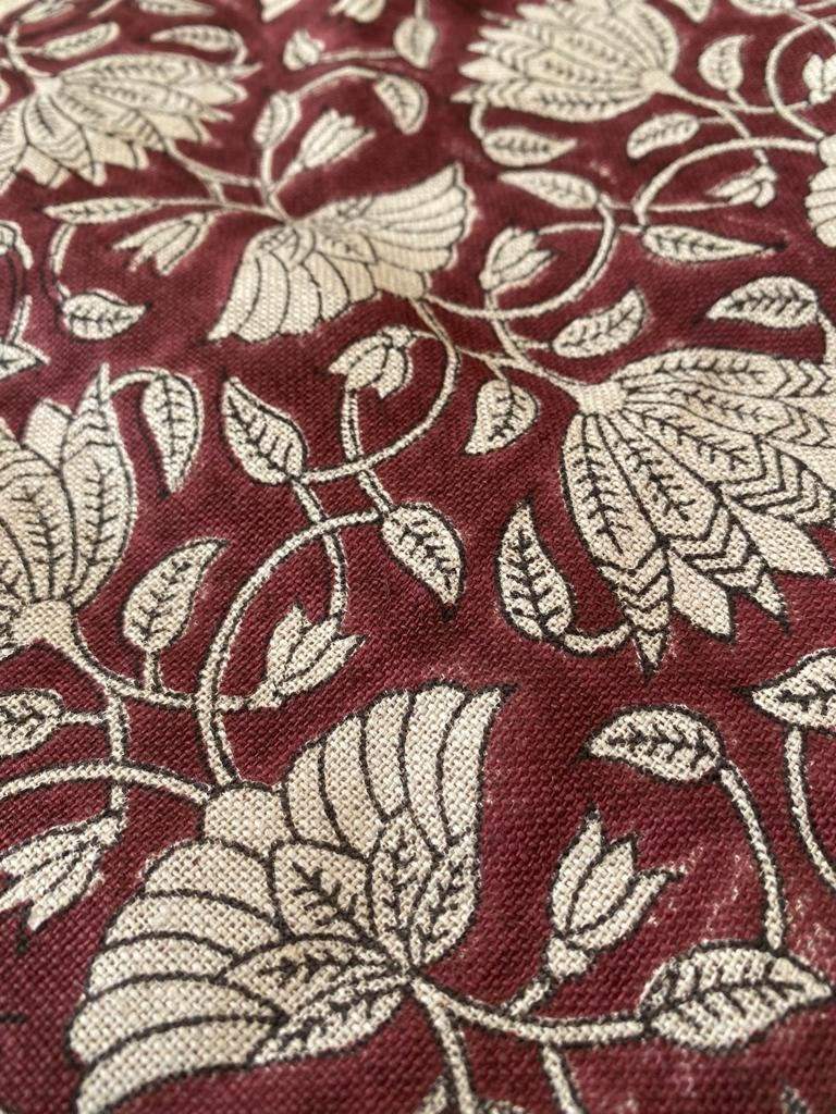 Tulip Flower , Block Print Thick Linen Fabric | Dark Red Floral Print Upholstery Fabric, pillow cover fabric, Curtain Linen By The Yard - Maple Village Lane