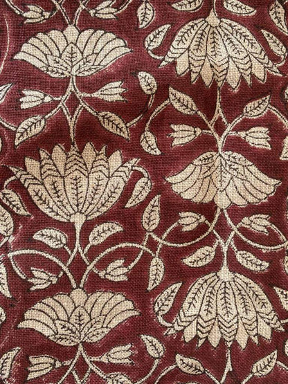 Tulip Flower , Block Print Thick Linen Fabric | Dark Red Floral Print Upholstery Fabric, pillow cover fabric, Curtain Linen By The Yard - Maple Village Lane