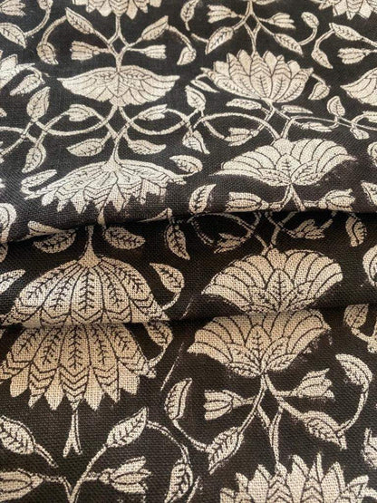 Tulip Flower , Block Print Thick Linen Fabric | Black Floral Print Upholstery Fabric, pillow cover fabric, Curtain Linen By The Yard - Maple Village Lane