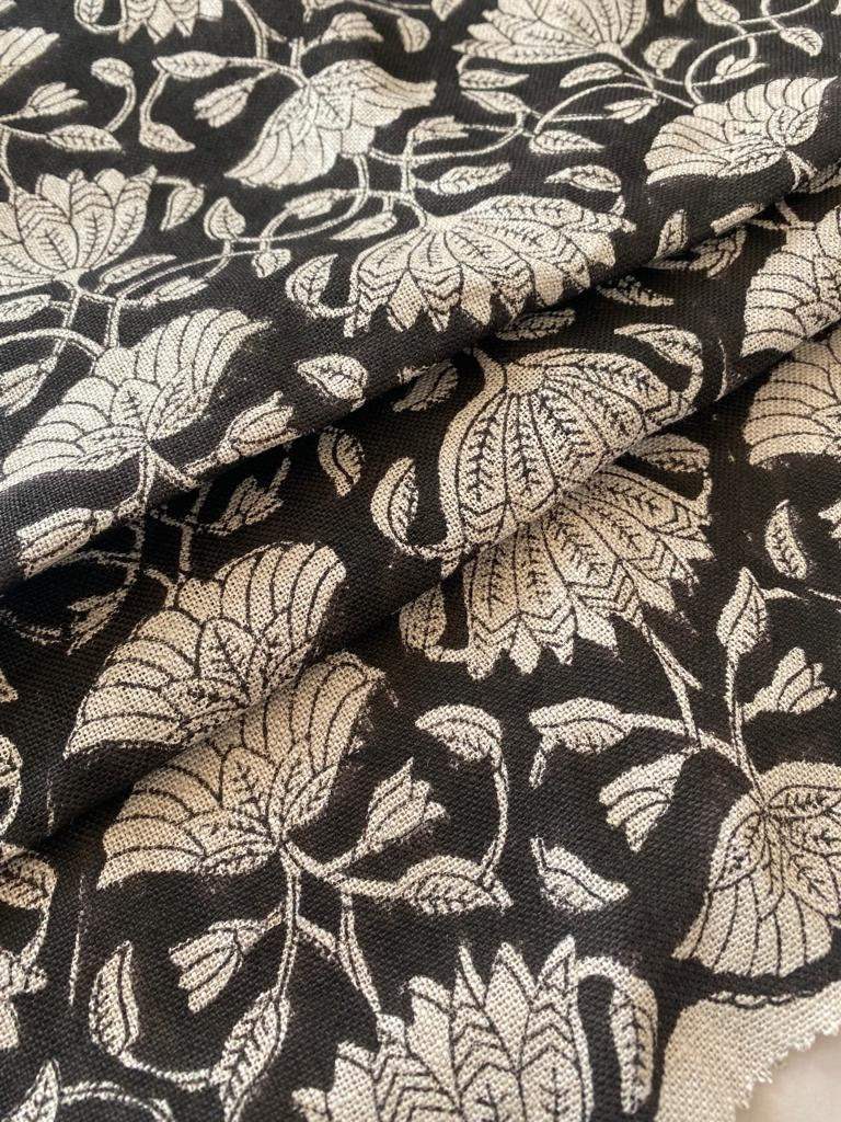 Tulip Flower , Block Print Thick Linen Fabric | Black Floral Print Upholstery Fabric, pillow cover fabric, Curtain Linen By The Yard - Maple Village Lane